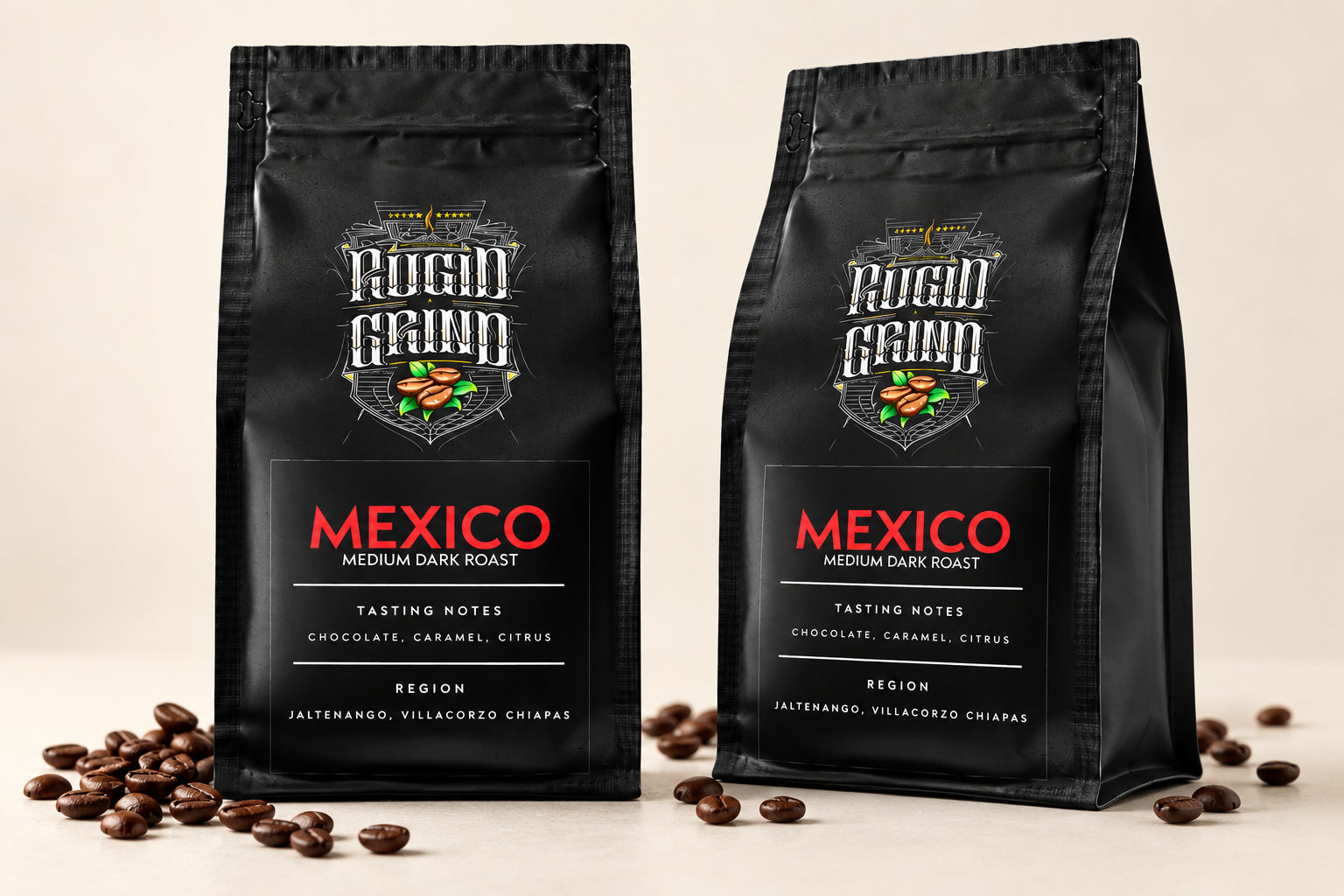 Rugid Grind Mexico coffee packaging concept, front and angled views