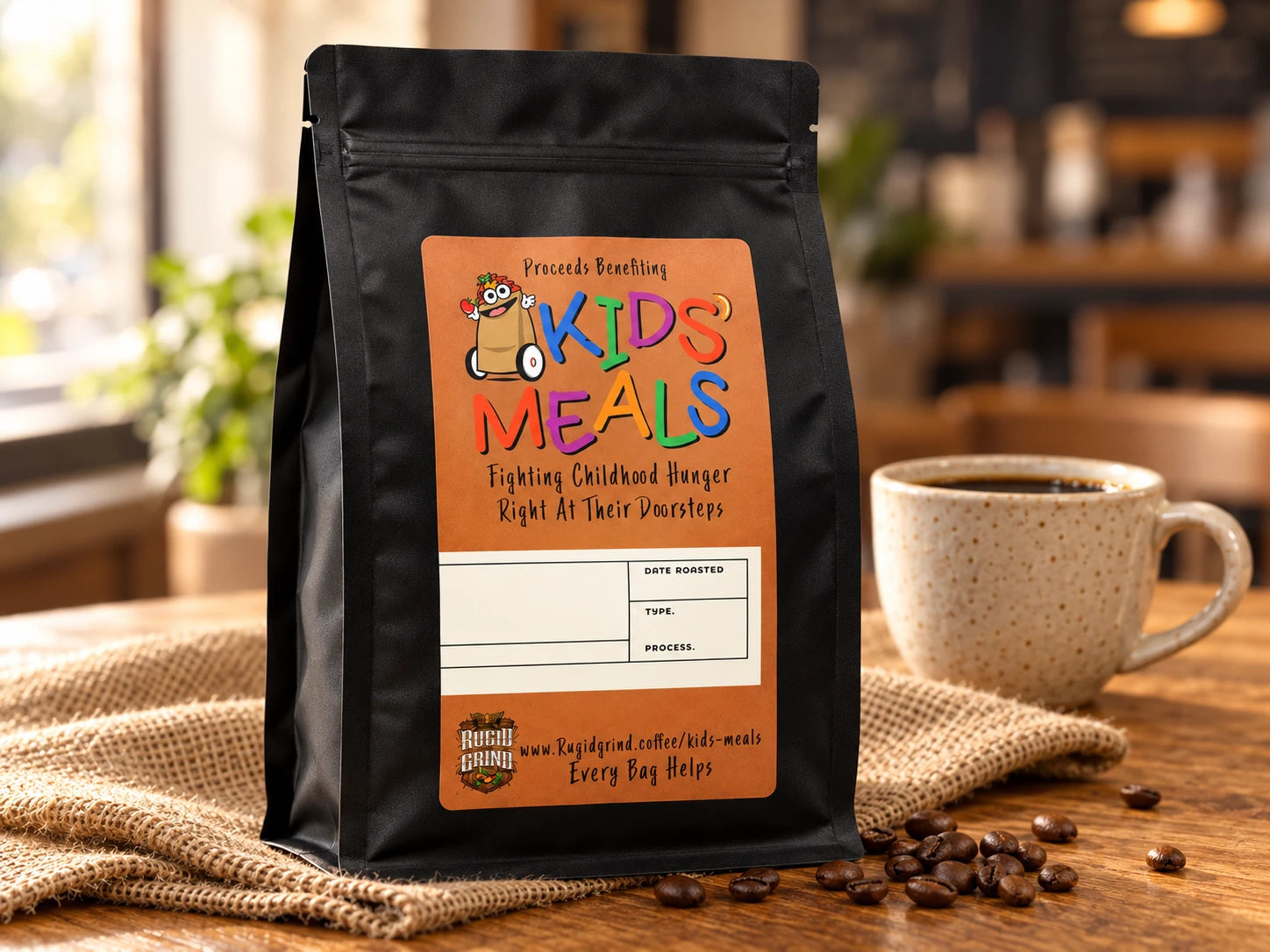Kids’ Meals coffee bag staged with coffee